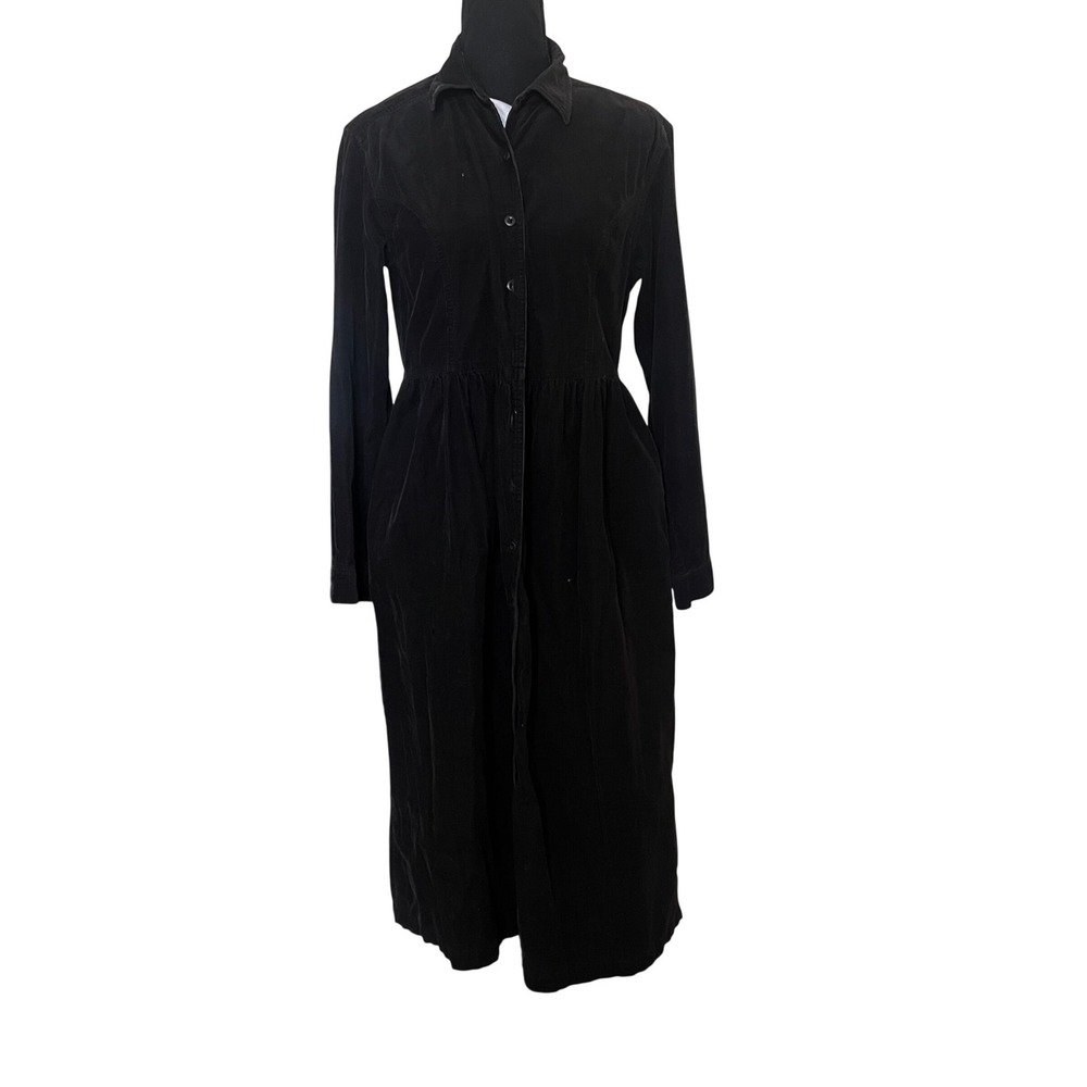 LL Bean Womens Black Corduroy Button Down Midi Dress Long Sleeve Pockets Size 10